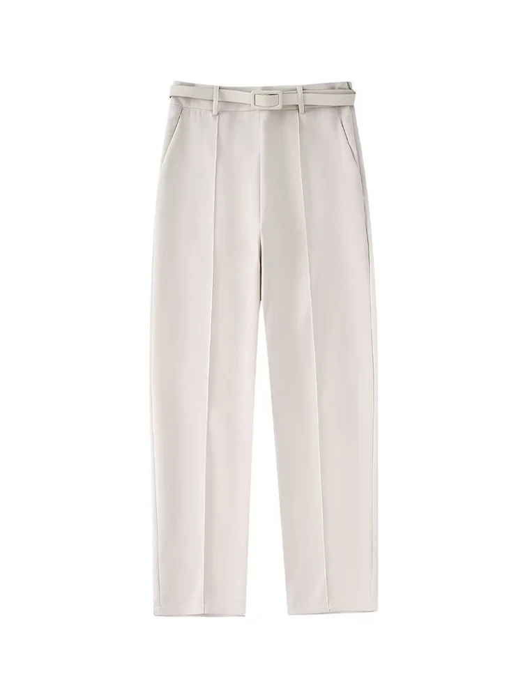 

Summer 2022 New Office Ladies Fashion With Belt Retro Casual Zipper Tight Pants Chic Quality Simple Solid Color Pants