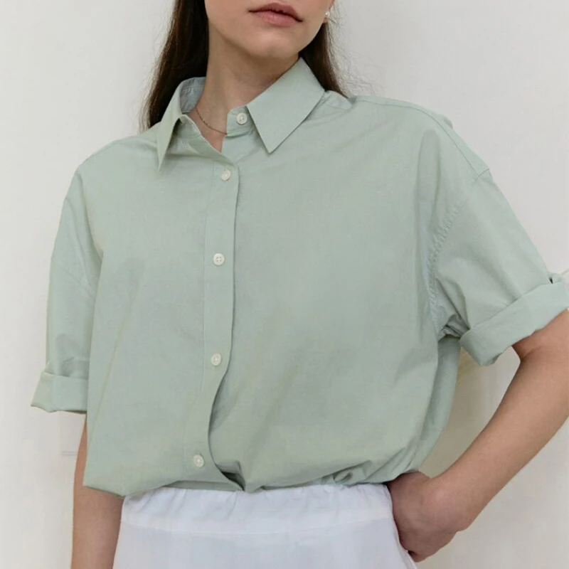 Женская рубашка из 100% хлопка с коротким рукавом летняя новая однотонная
