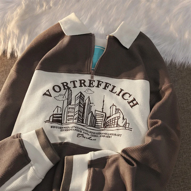 

American Retro Letter Embroidered Sweatshirt Oversized Vintage Zipper Hoodies Women 2022 Harajuku Casual Couple Loose Sweatshirt