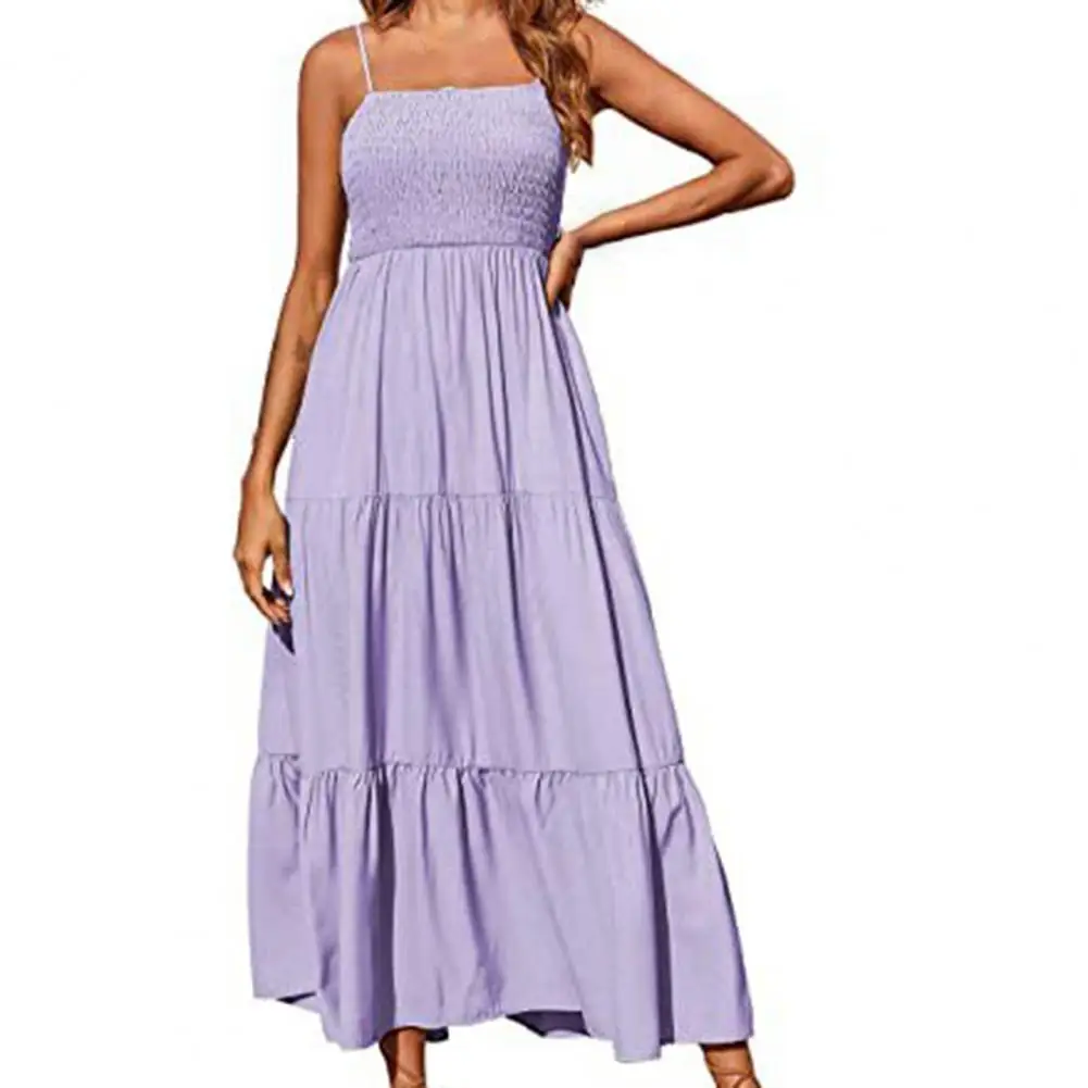 

2022 Summer Lady Spaghetti Strap Midi Dress Stitching Large Swing Elastic Elegant Sexy Dress Beach Party Sundress Vestidos