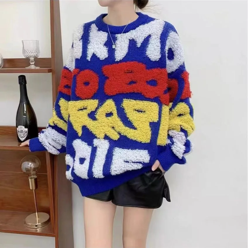 

Women Letter sweater pullovers womens clothing Winter Autumn Warm O-Neck Knitted Loose Tops one size Korean knitwear jerseys