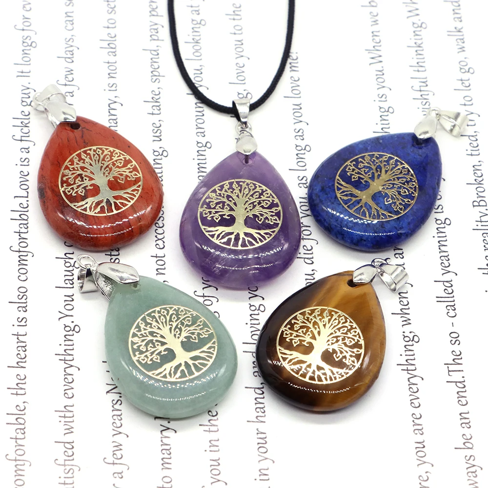 

Natural Stone Metal Line Winding Tree of Life Pendant Seven Chakra Reiki Healing Retro Necklace Jewelry Accessories Gifts Making