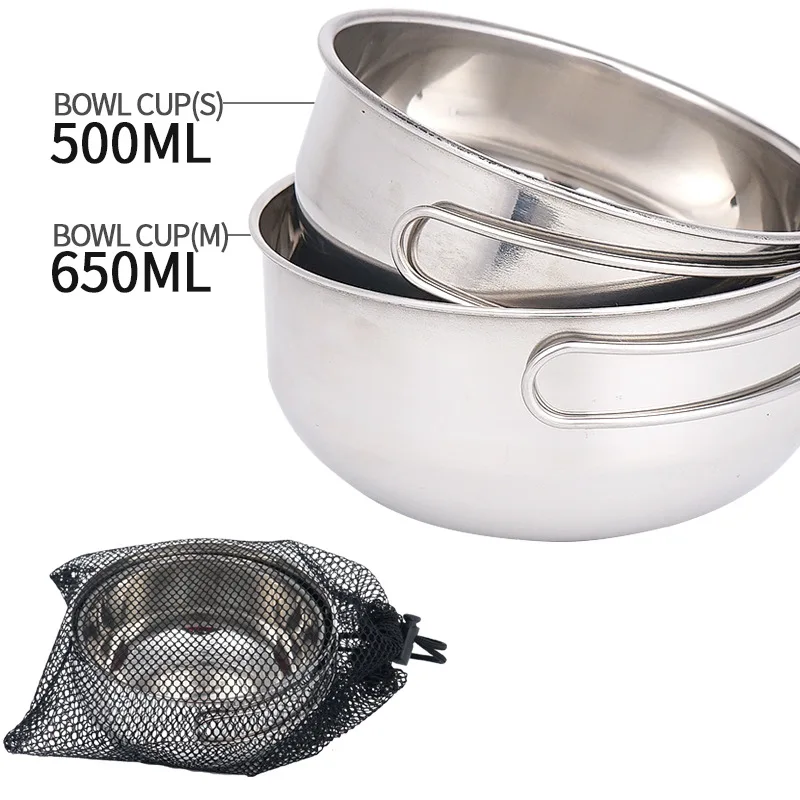 

2 PCS Outdoor Camping Bowl Set 304 Stainless Steel Portable Tableware Foldable Handle 500ML 650ML Picnic Cookware Hiking