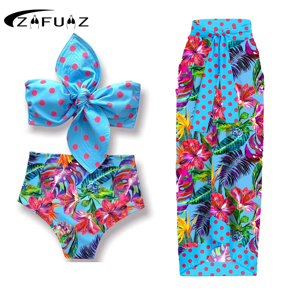 

ZAFUAZ 2023 3PCS Bikinis Women Swimsuit Beach Skirt Swimwear High Waist Ruffle Print Bathing Suit Beachwear Bikini Set Biquini