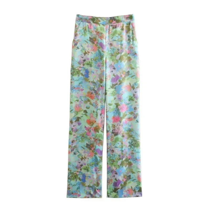 Printed Satin Women Suit Two Piece Sets Womens Outifits Spring Office Blazer Coat Ladies Pants Sets Elastic Waist Trouser Suits