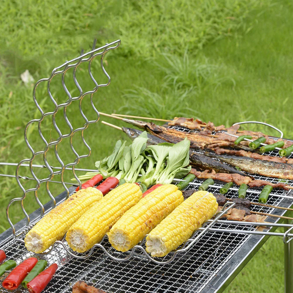 Portable Camping Grill Bbq Fish Basket Stainless Steel Grate Corn Picks Holders Forks Grilled Rack