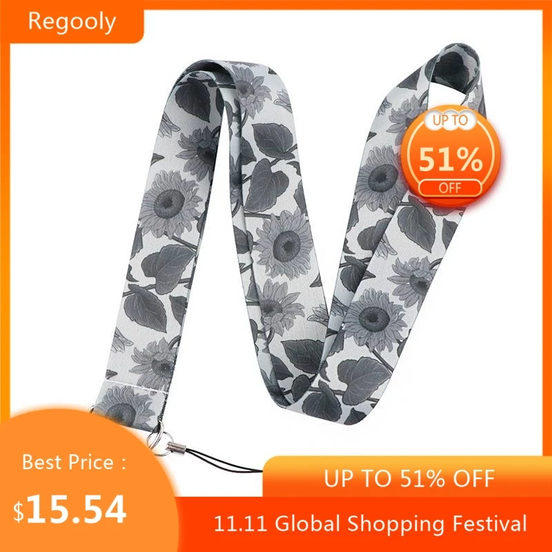 

30pcs Grey Sunflower Flowers Lanyard Keys Phone Holder Funny Neck Strap With Keyring ID DIY Animal webbings ribbons Hang Rope