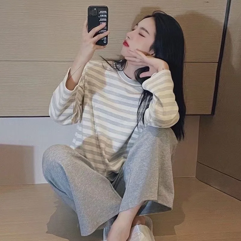 CAIYIER Sweet Stripe Girl Nightwear O-Neck Long Sleeve Trousers Sleepwear For Women Autumn Winter Kawaii Soft Korean Pajamas Set
