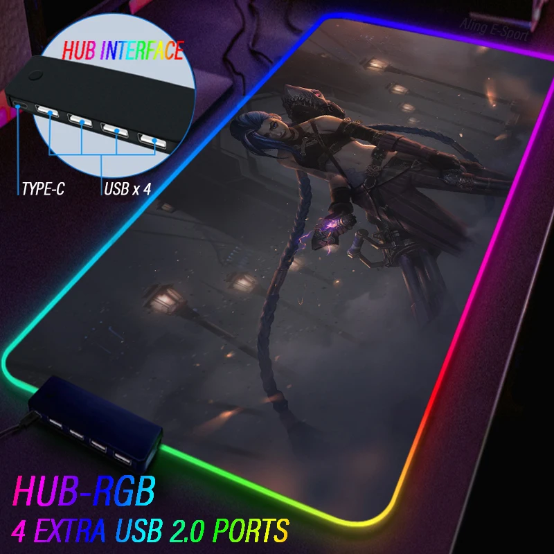 

LOL JINX VI Silco Gaming RGB Luminous Mouse Pad Arcane League of Legends Table Rug HUB 4 Port USB Mat Waterproof Custom Carpet
