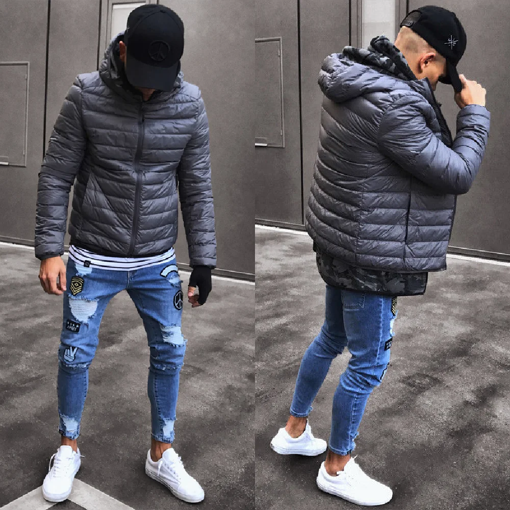 New Brand Men's Fashion Split Jeans Tight Straight Striped Denim Pants Summer Men's Perforated Tights Casual Street Apparel