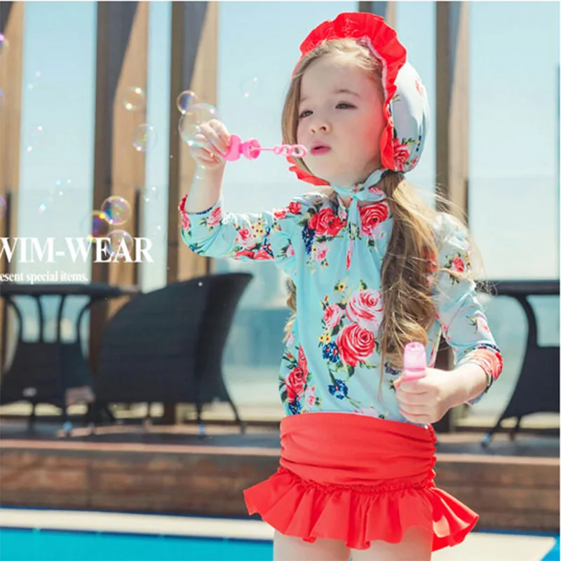 

Children's Flower Swimsuit Girls Split Skirt three-piece Swiming Swimming Cap Baby Princess Skirt Children Swimming Bathing