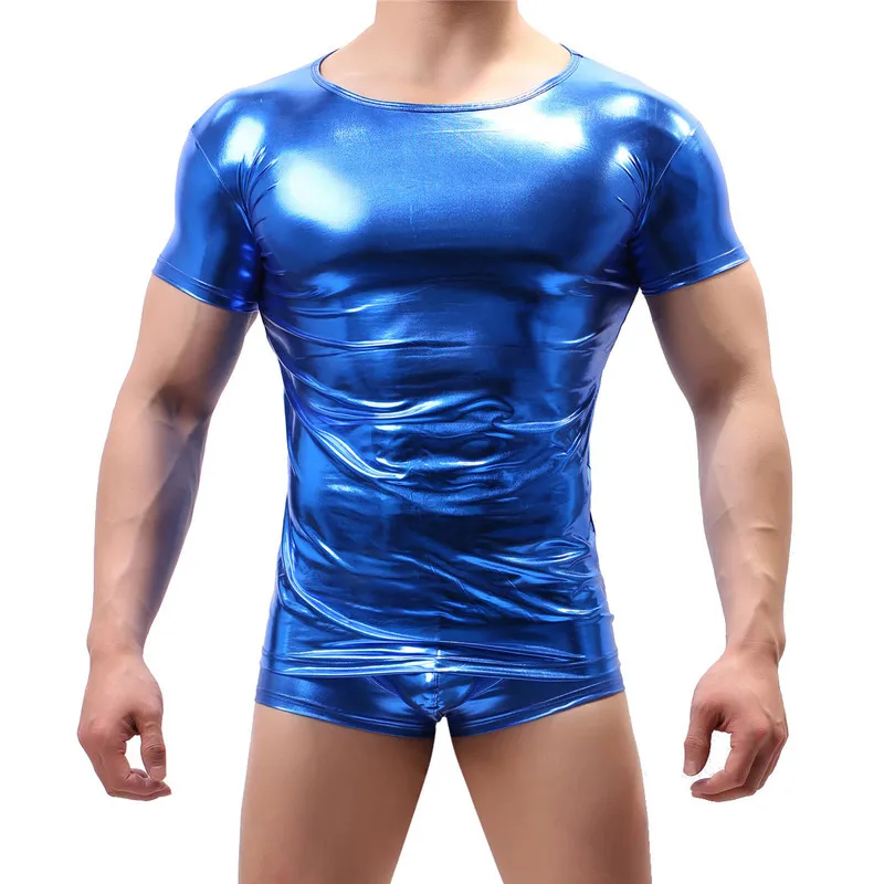 Sexy Men Clothes Set Shiny PU Leather Wet Look Short Sleeve Shirts Stage Nightclub Tops Boxer Shorts Underwear Mens Undershirts