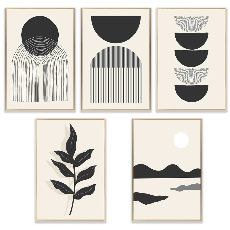 

Abstract Minimalist Black Lines Leaf Canvas Painting Nordic Mountain Sun Posters Print Wall Art Pictures for Living Room Aisle