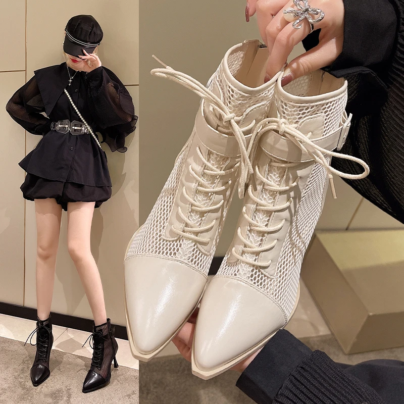

2022 Ladies Spring Summer Fashion Casual Cross Strap Boots New Ladies Net Sandals Boots Stiletto Back Zipper Sandals Short Boots