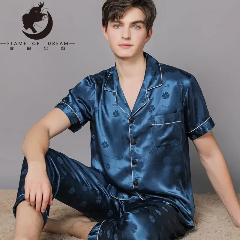 Flame Of Dream New Spring And Autumn Silk Pajamas Autumn Ice Silk Men's Pajamas Home Clothes Short Sleeve Large Suit 221044