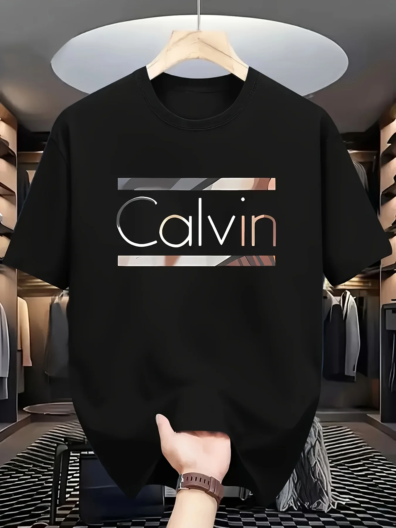 Фото Мужская футболка Calvin 2025 года, модные хлопковые футболки с короткими рукавами для отдыха, высококачественная футболка люксового бренда, летняя уличная одежда, топы Y2k + №1