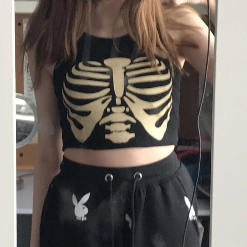 

Gothic Knitted Punk Black Tank Tops Mall Goth Grunge Goat Skeleton Print Harajuku Women Crop Tops Skinny Sleeveless Streetwear