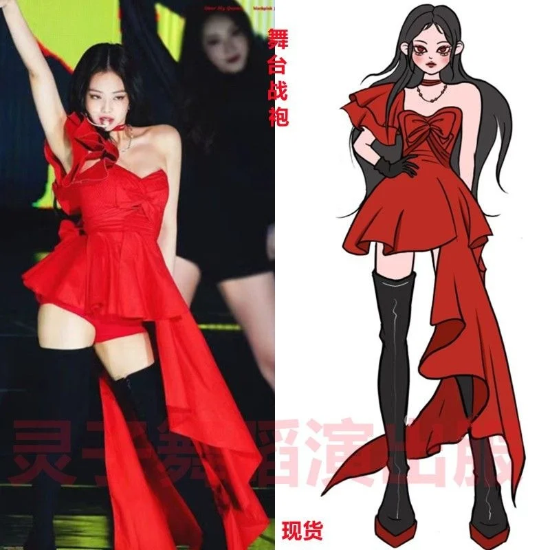 

Ginny Jennie's same red off shoulder dress performance outfit, stage hosting singer singing and dancing outfit