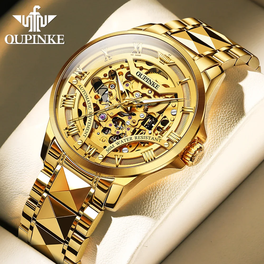 

OUPINKE Top Brand New Skeleton Watch for Man Luxury Automatic Mechanical Watch Japan Movement Waterproof Steel Strap Wristwatch