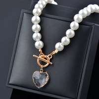 leeker korean fashion green blue glass heart pendant necklaces for women pearl chain choker female necklace jewelry 2022 833 lk2