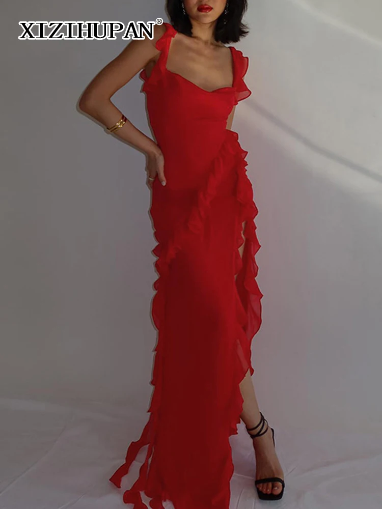 

XIZIHUPAN Sexy Long Dress For Women Square Neck Sleeveless High Waist Slimming Backless Patchwork Mesh Dresses Female Fashion