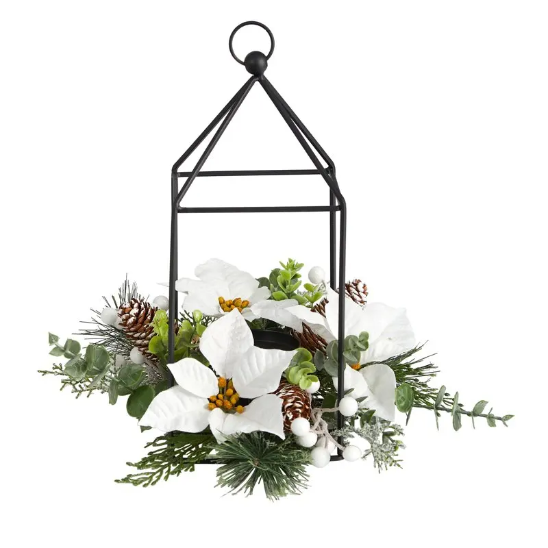 

14" Holiday White Poinsettia, Berries and Pine Cone Candle Holder Artificial Flower Arrangement