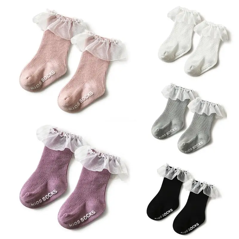 

Toddler Baby Girls Frilly Lace Cotton Socks Ribbed Princess Non-Slip Stockings /