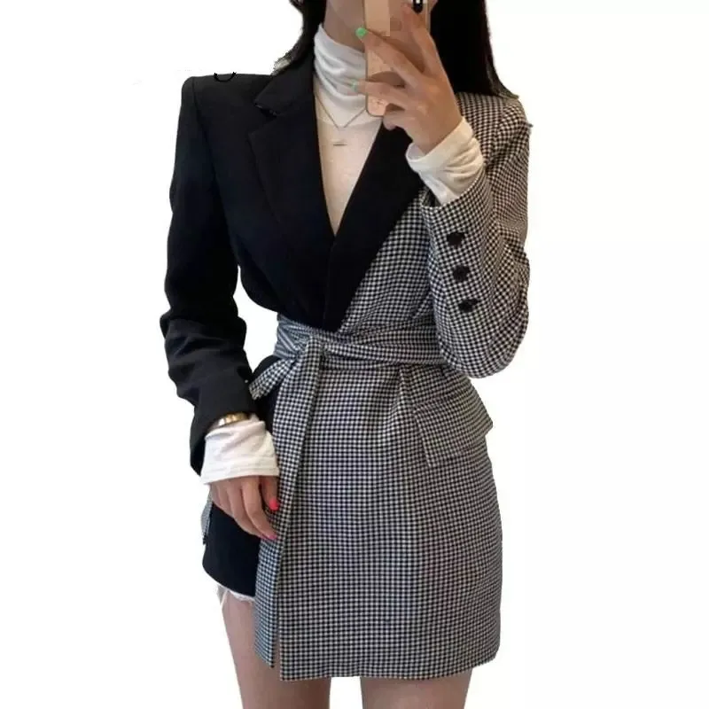 2023 Vintage Plaid Stitching Irregular Straps Long Sleeve Black Blazer Women Fall Winter New Korean Style Loose Trend Coat Indie