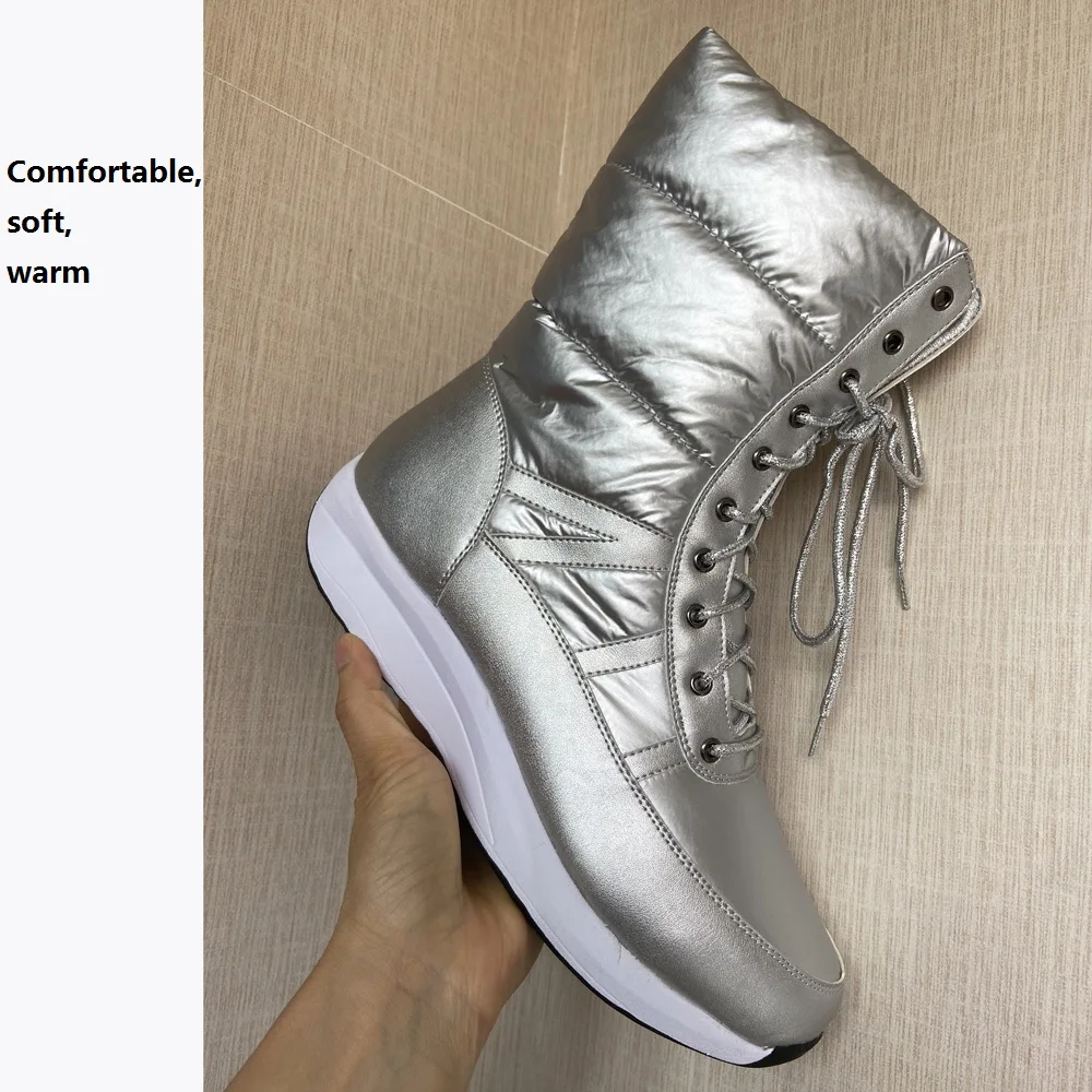 Fashion Women Winter Ankle Boots Waterproof Non Slip Footwear Ladies Snow Boots Soft Soled Lace Up Fur Shoes Black Silver Gray