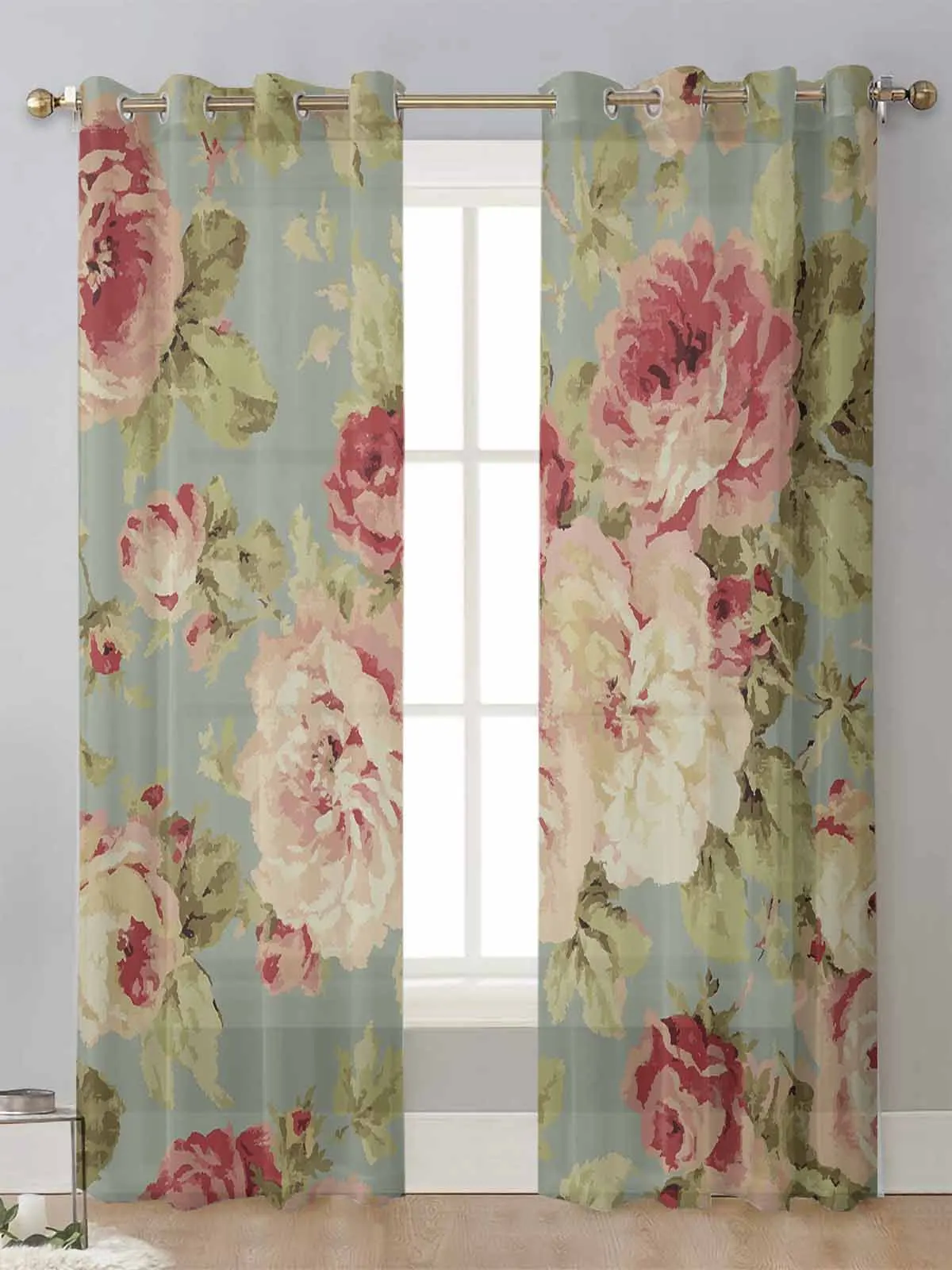 

Peony Flower Vintage Farmhouse Sheer Curtains For Living Room Window Transparent Voile Tulle Curtain Cortinas Drapes Home Decor