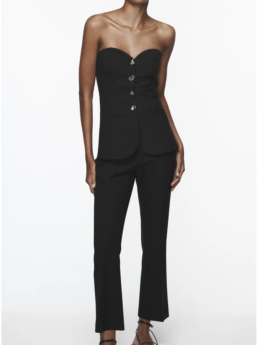 

Summer Women Chic Buttons Jumpsuit Female Strapless Sleeveless Slim Sexy Playsuit Casual Elgant Office Lady Fashion Jumpsuits