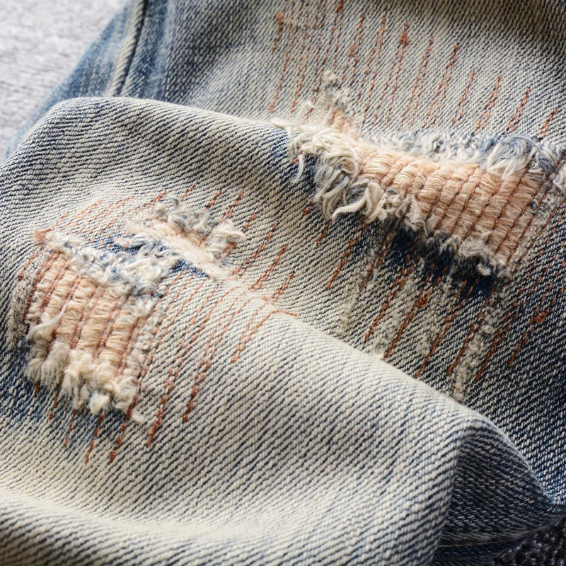 Fashion Designer Men Jeans Retro Washed Blue Slim Fit Ripped Jeans Men Embroidery Patched Trousers Vintage Denim Pants Hombre