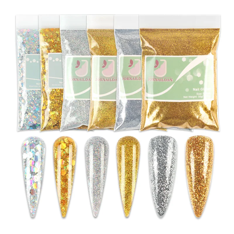 

10.58 oz Holographic Gold Silver Nail Glitter Powder Set for Professional Nail Art Decoration Accessories Supplies JORNAILDAN