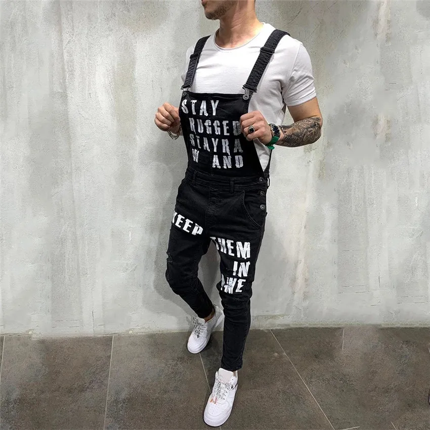 

High Quality Jeans Men Pants Suspender Print Letter Denim Trousers Jumpsuit Bib Vintage Ankle Length Pencil Pants