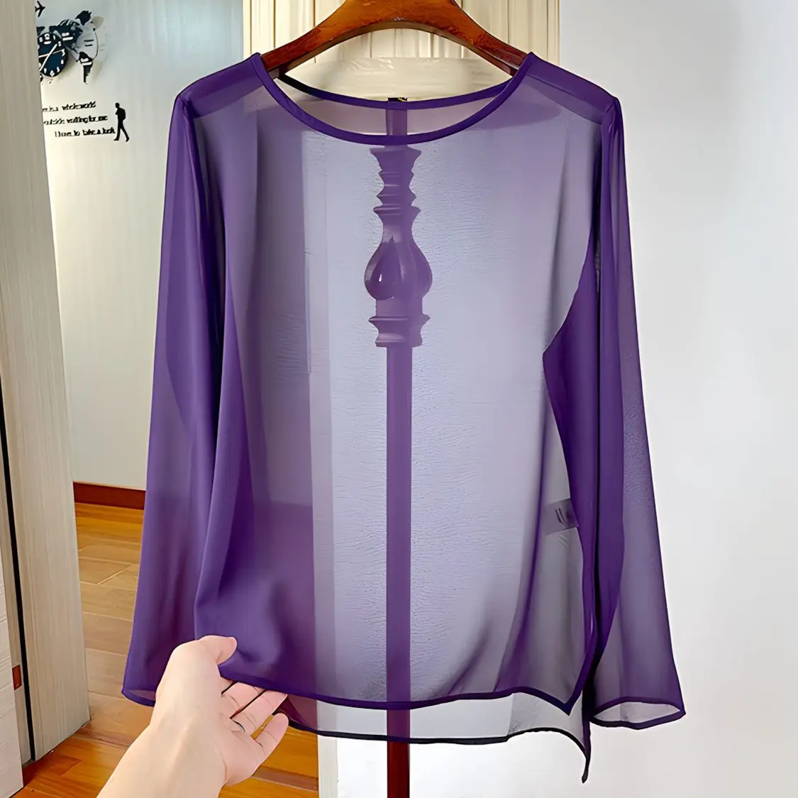 Китайская однотонная шифоновая футболка с круглым вырезом и длинными рукавами