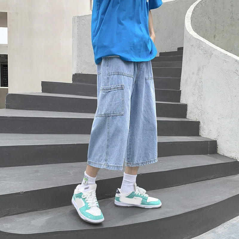 Oversized Men's Summer Streetwear Y2K Clothes Retro Denim Baggy Jeans Trend Elastic Waist Straight Cropped Pants Shorts For Men