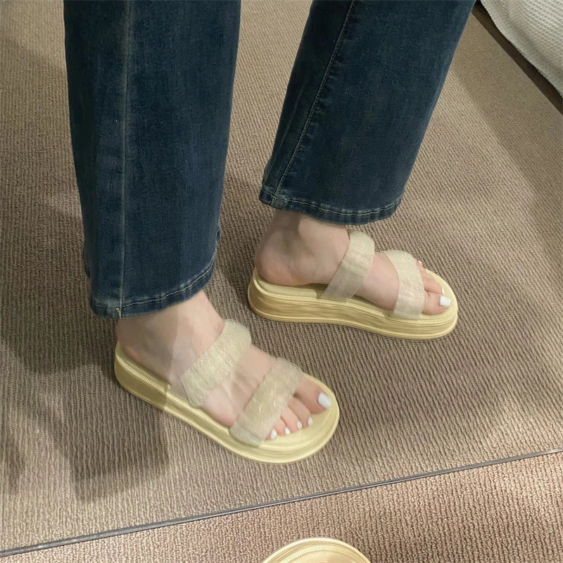 Summer Open Toe Women Slippers Fashion Slip On Platform Flats Thick Sole Sandalias Ladies Elgant Beach Vacation Slides Flip Flop