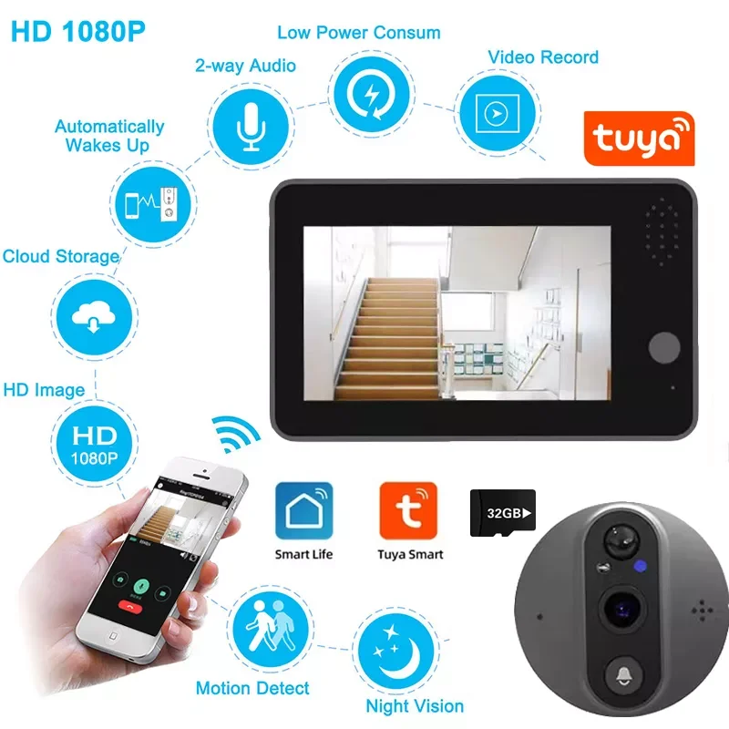 

Tuya Video Door bell Smart Home Peephole Doorbell 1080P Camera wifi 4.3 Inch HD Night PIR wireless call chime For IOS Andriod