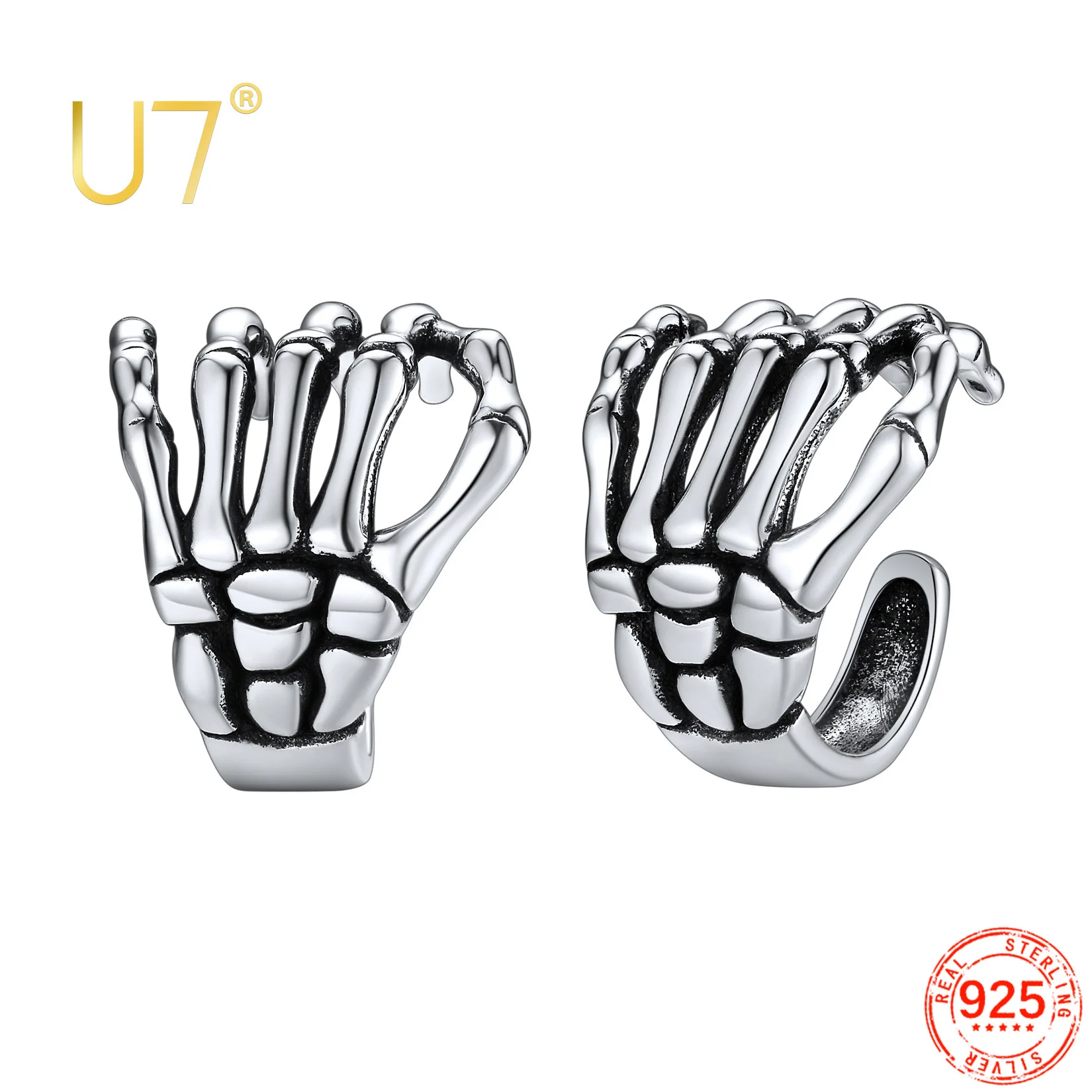 

U7 925 Sterling Silver Hand Skeleton Earring Ear Cuff Non Piercing Hollloween Style Punk Gothic Anitique Silver Unisex Jewelry