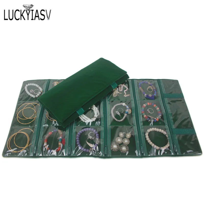 Travel Jewelry Case Roll Bag Organizer for Bracelet Earrings Ring Zipped Grids with PVC Cover Black/Grey/Pink Velvet