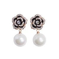 fashion brand gold color crystal black flwoer pearl earring for women trendy rose camellia earrings