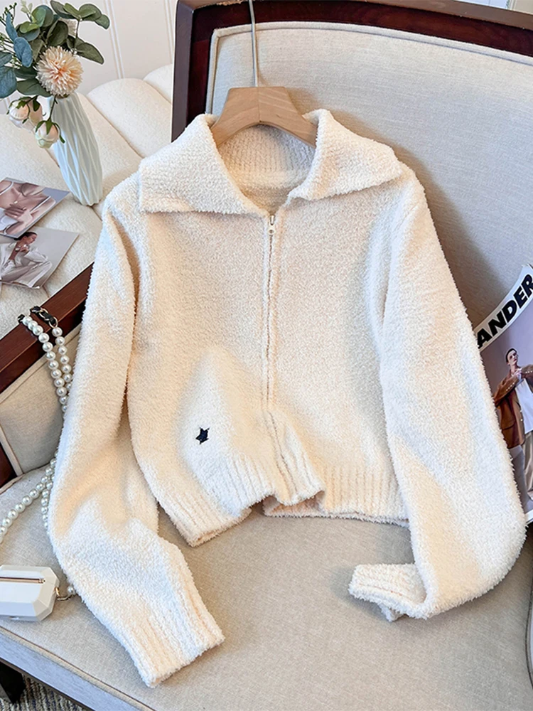 Женский белый кардиган свитер Harajuku Y2k плюшевые пальто с длинными рукавами