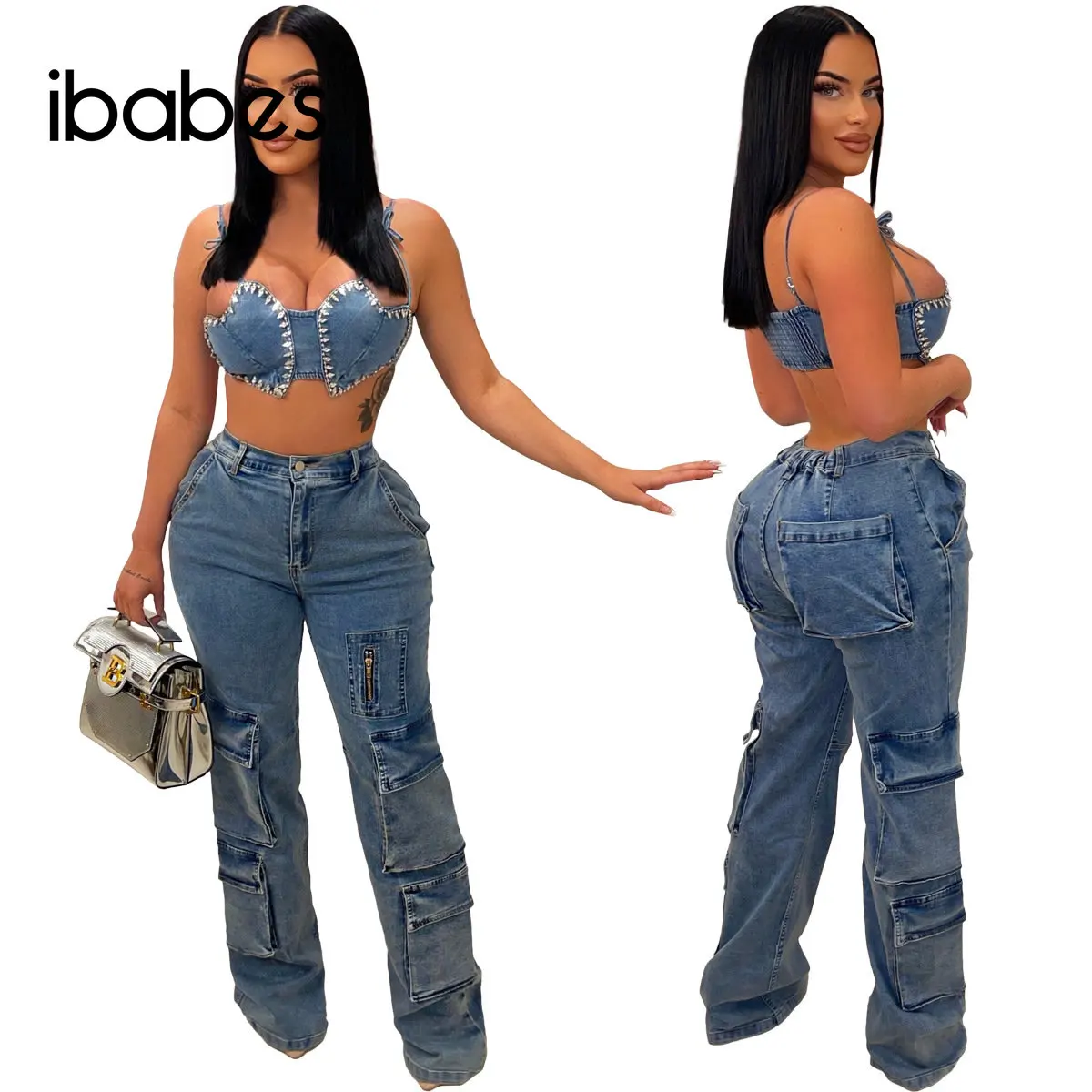 

Y2K Vintage Women Korean Button Blue Denim Cargo Pants with Multipocket 2023 Summer Fashion Streetwear High Waist Straight Jeans