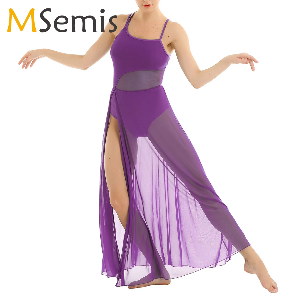 

Women Ballet Leotards Modern Lyrical Dance Costume Sleeveless Open Back Stage Performance Maxi Dance Dress with Built-In Leotard