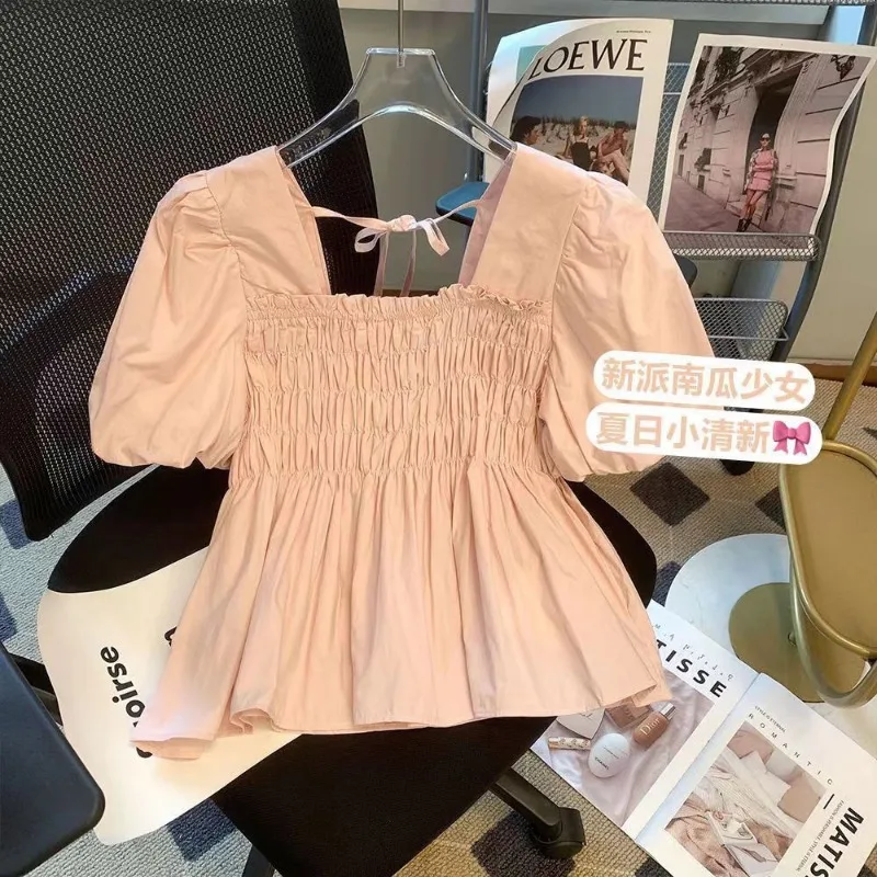 Блузка женская с квадратным вырезом коротким рукавом и шнуровкой