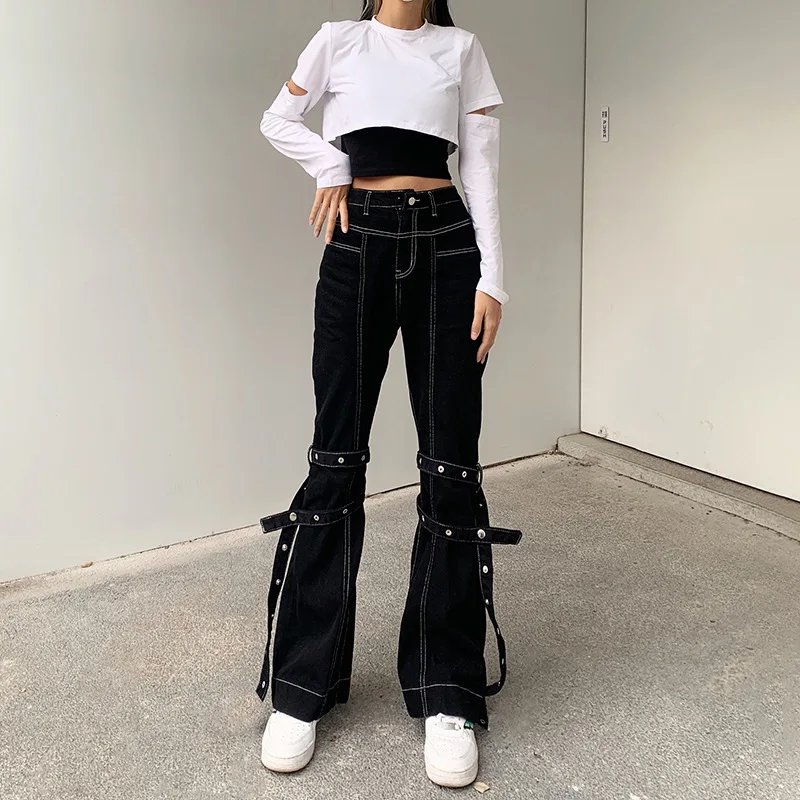 

Vintage Y2K Streetwear Bandage Flare Pants Punk Aesthetics High Waist Denim Black Jeans 90s Fashion Long Trousers 2021