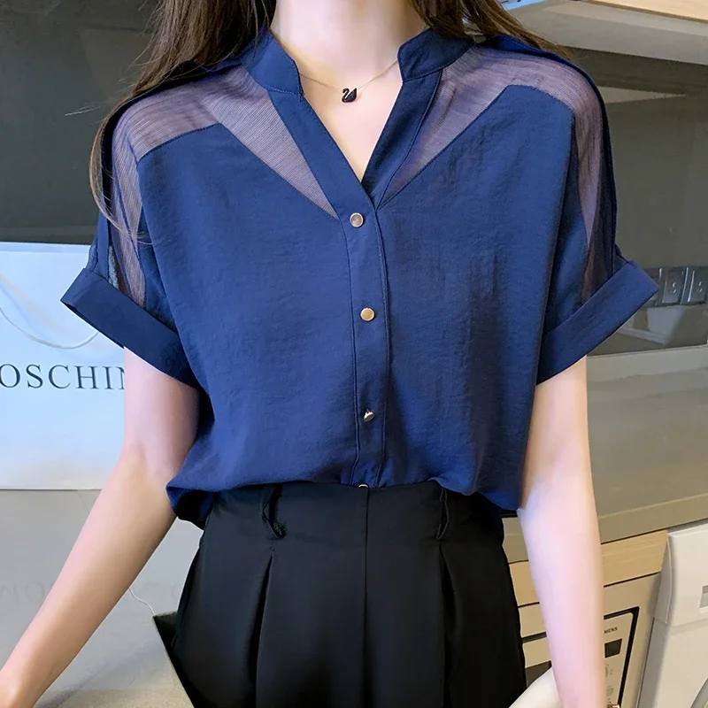 Блузка женская сетчатая с коротким рукавом и V-образным вырезом