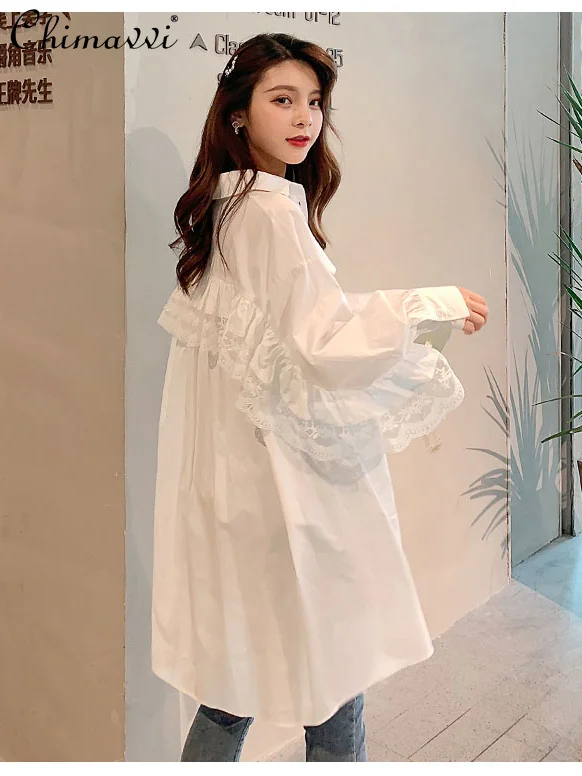 

Mid-Length White Shirts 2023 Spring New Fashion Lace Stitching Oversized Long Sleeve Blouse Women Loose Temperament Casual Shirt