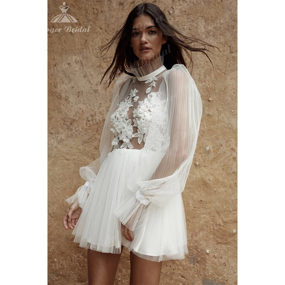

Short Wedding Dresses O-Neck Long Puff Sleeves Pearls Flowers Mini Bride Dresses Sexy Backless Illusion Formal Wedding Gowns