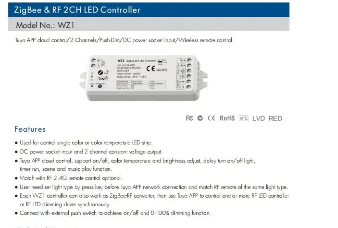 Фото ZigBee3.0 и RF 2-канальный светодиодный контроллер WZ1 DC12-36V Tuya APP Cloud Беспроводной пульт дистанционного управления 2 канала для одноцветной светодиодной ленты CCT №2